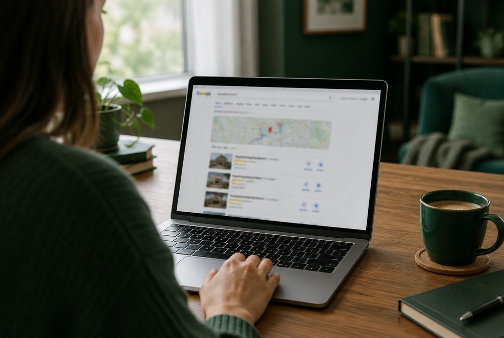 Local SEO ranking review for a Phoenix landscaping company shown on a laptop