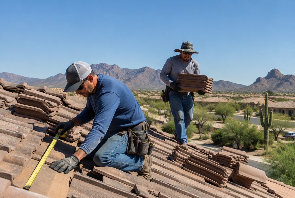Arizona roofing crew on a tile roof, a trade we build websites for